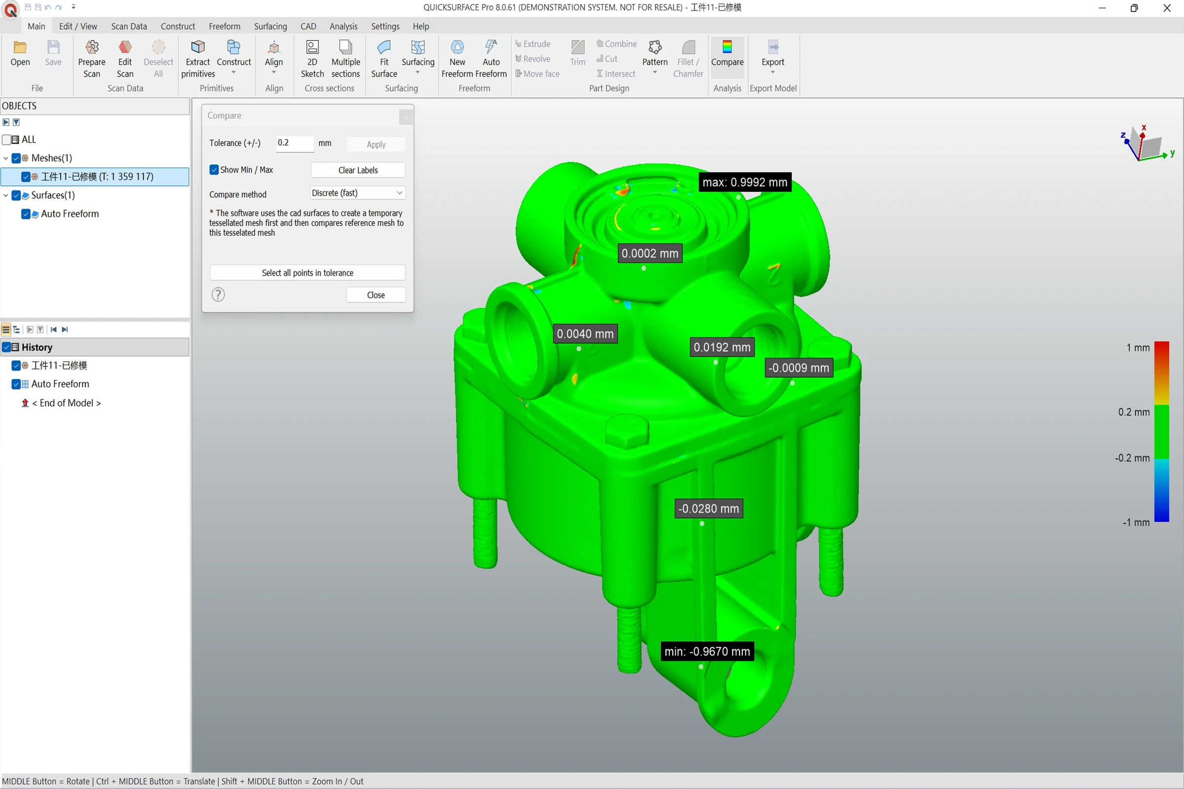 Barvna karta odstopanj in merilne oznake na CAD-modelu v QUICKSURFACE