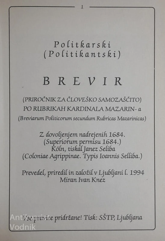 POLITKARSKI BREVIR, priročnik za človeško samozaščito, kardinal Jules Mazarin