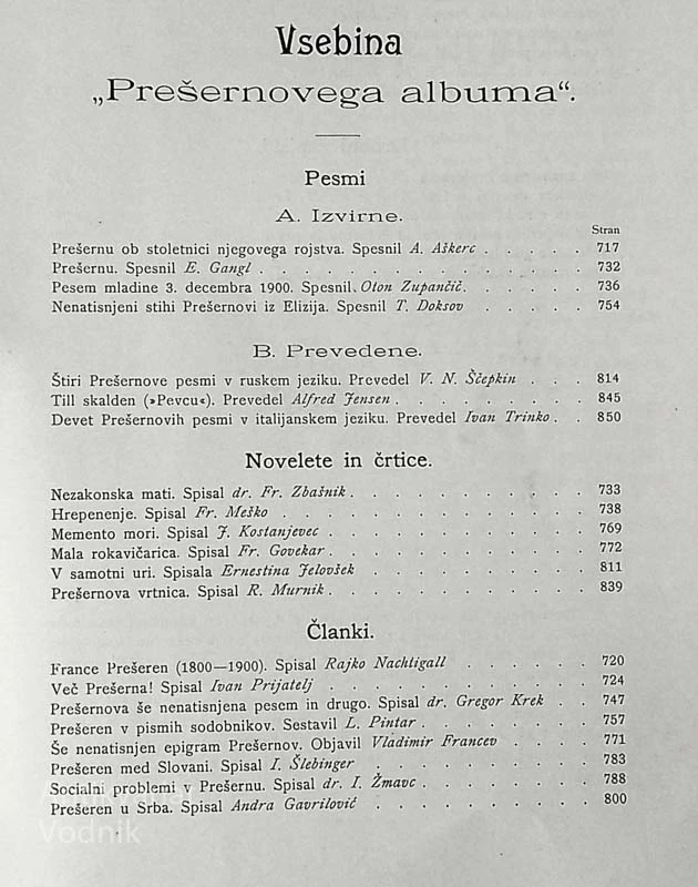 PREŠERNOV ALBUM; OB STOLETNICI PESNIKOVEGA ROJSTVA (1800 – 3./XII. – 1900)