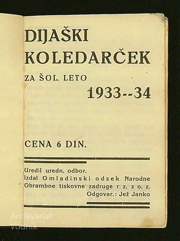 DIJAŠKI KOLEDARČEK ZA ŠOL. LETO 1933-34