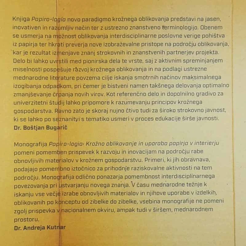 PAPIRO-LOGÍA; Krožno oblikovanje in uporaba papirja v interierju, Barbara Predan