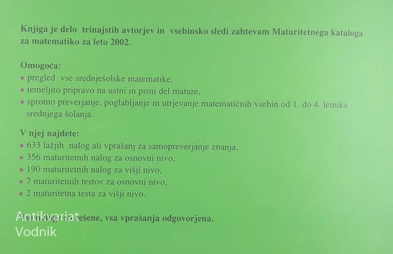MATEMATIKA; PRIPRAVA ZA MATURO, več avtorjev