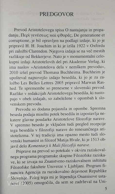O NASTAJANJU IN PROPADANJU, Aristotel