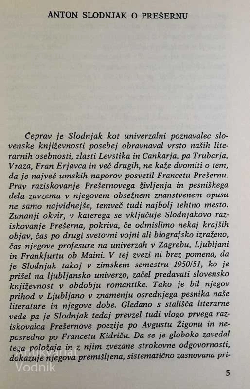 FRANCE PREŠEREN, Anton Slodnjak