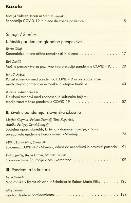 ARS & HUMANITAS; PANDEMIJA COVID-19 IN NJENE DRUŽBENE POSLEDICE (XV/1)