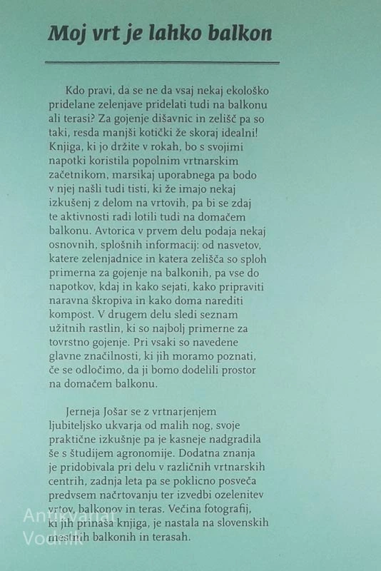 MOJ VRT JE LAHKO BALKON, Jerneja Jošar