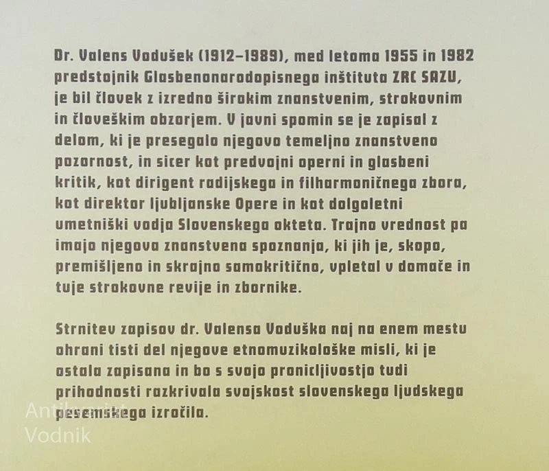 ETNOMUZIKOLOŠKI ČLANKI IN RAZPRAVE, Valens Vodušek