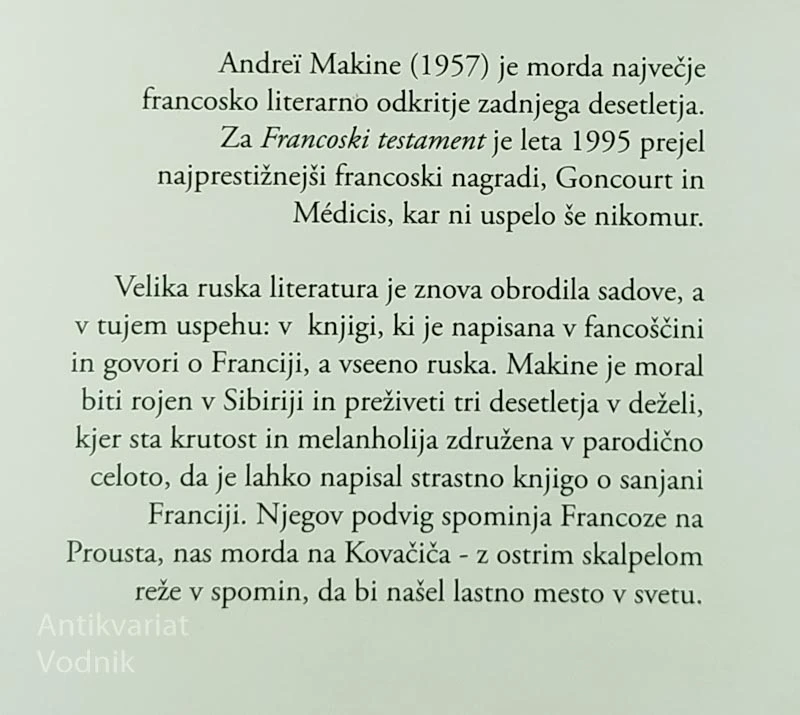 FRANCOSKI  TESTAMENT, Andreï Makine