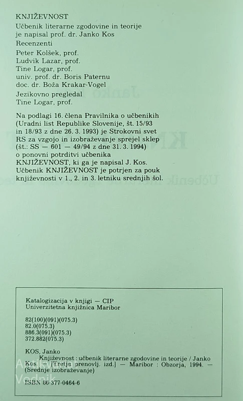 KNJIŽEVNOST; UČBENIK LITERARNE ZGODOVINE IN TEORIJE, Janko Kos