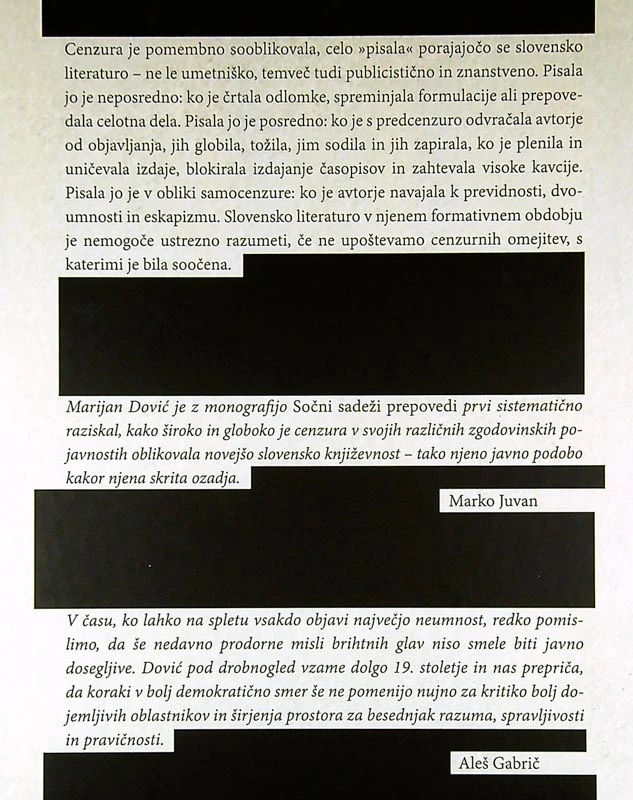 SOČNI SADEŽI PREPOVEDI; CENZURA IN SLOVENSKI LITERATI OD LINHARTA DO CANKARJA, Marijan Dović