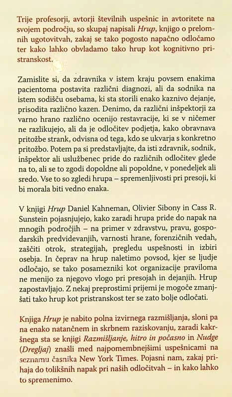 HRUP; ZAKAJ TAKO SLABO PRESOJAMO; Daniel Kahneman, Oliver Sibony in Cass R. Sunstein