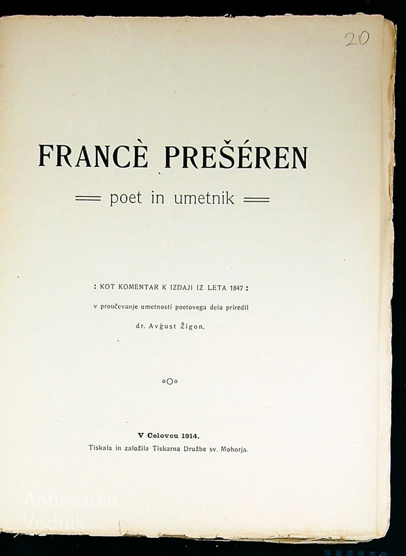 FRANCE PREŠEREN; POET IN UMETNIK, dr. Avgustin Žigon