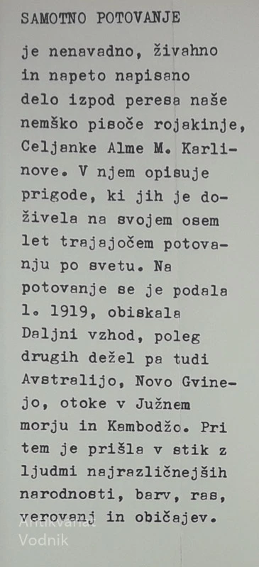 SAMOTNO POTOVANJE, Alma Karlin