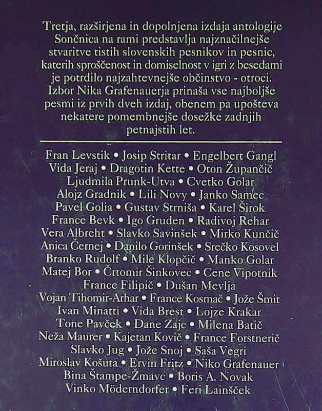 SONČNICA NA RAMI; PESMI ZA OTROKE OD FRANA LEVSTIKA DO DANES