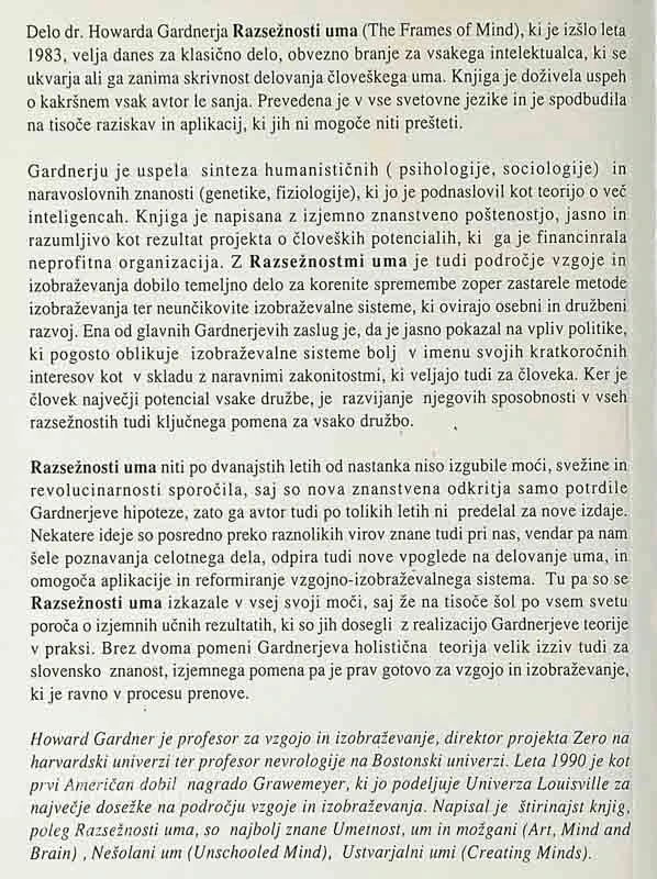 RAZSEŽNOSTI UMA; TEORIJA O VEČ INTELIGENCAH, Howard Gardner