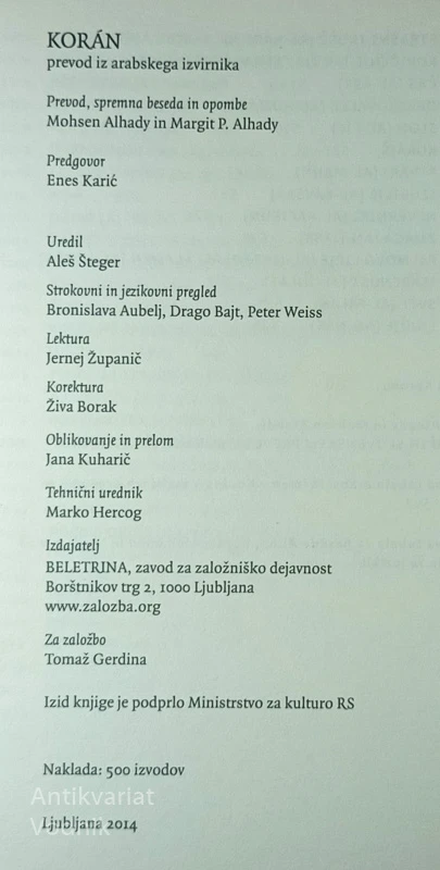 KORAN; PREVOD IZ ARABSKEGA IZVIRNIKA
