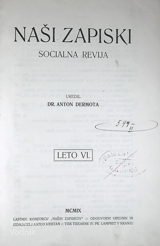 NAŠI ZAPISKI; SOCIALNA REVIJA, dr. Anton Dermota