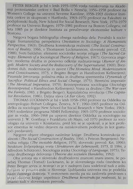 MODERNOST, PLURALIZEM IN KRIZA SMISLA, Peter L. Berger in Thomas Luckmann