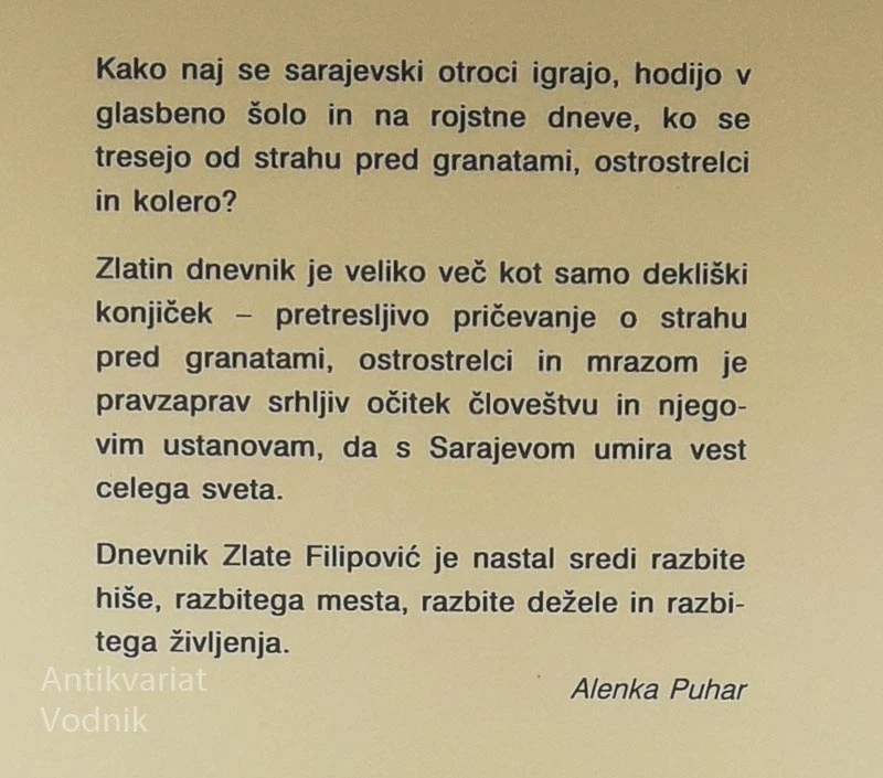 ZLATIN DNEVNIK; OTROŠTVO V OBLEGANEM SARAJEVU, Zlata Filipović