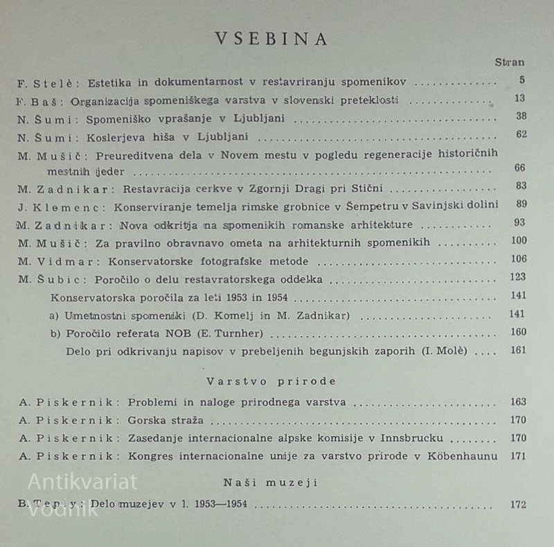 VARSTVO SPOMENIKOV V. 1953-54, uredil dr. Marijan Zadnikar