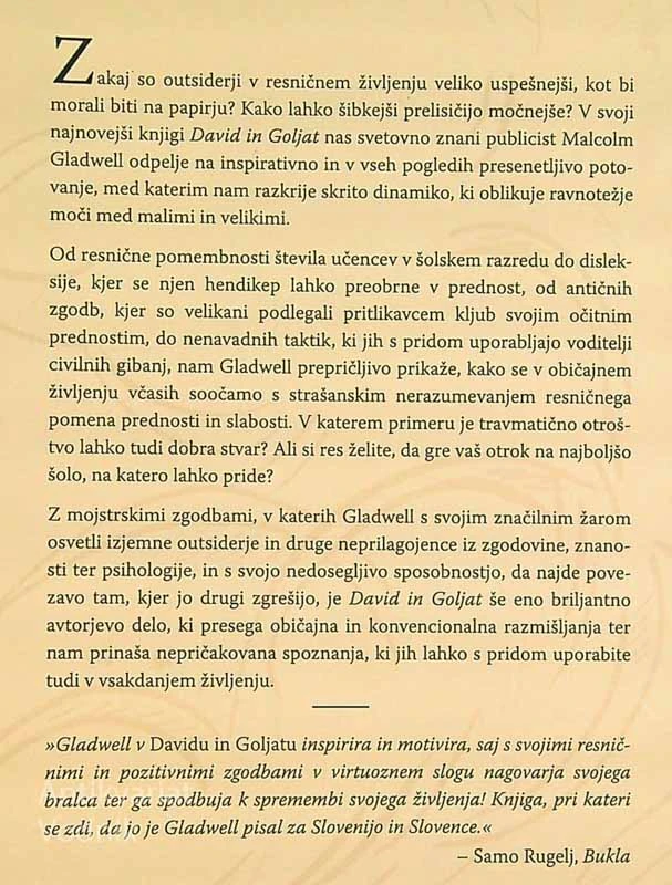 DAVID IN GOLJAT; OUTSIDERJI, NEPRILAGOJENCI IN UMETNOST BOJA Z VELIKANI, Malcolm Gladwell