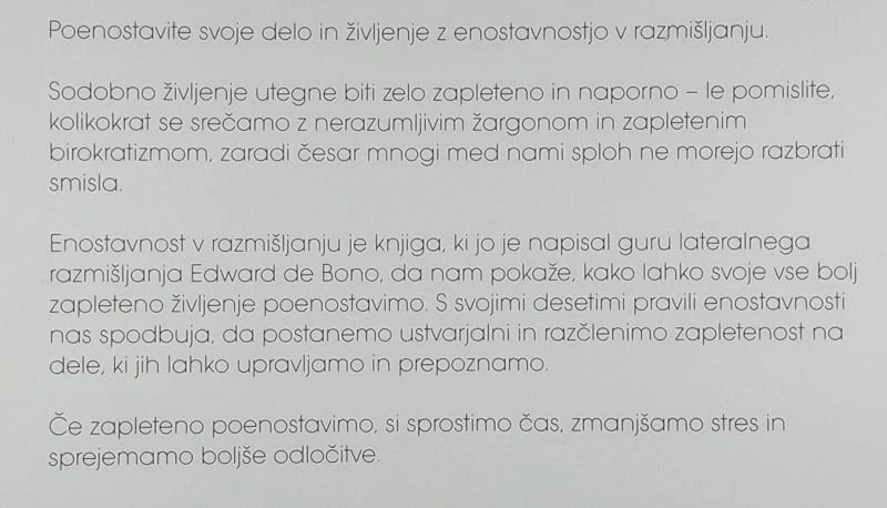 ENOSTAVNOST V RAZMIŠLJANJU, Edward de Bono