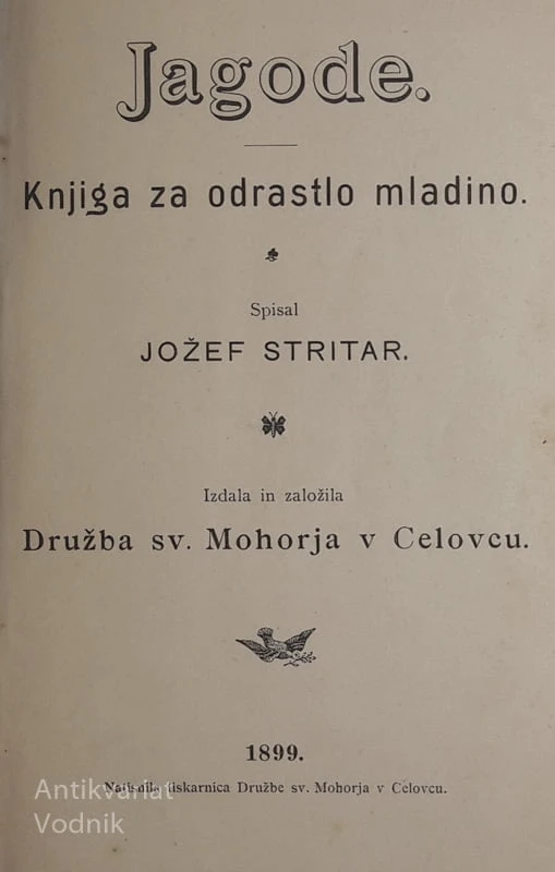 JAGODE, knjiga za odraslo mladino, spisal Jožef Stritar