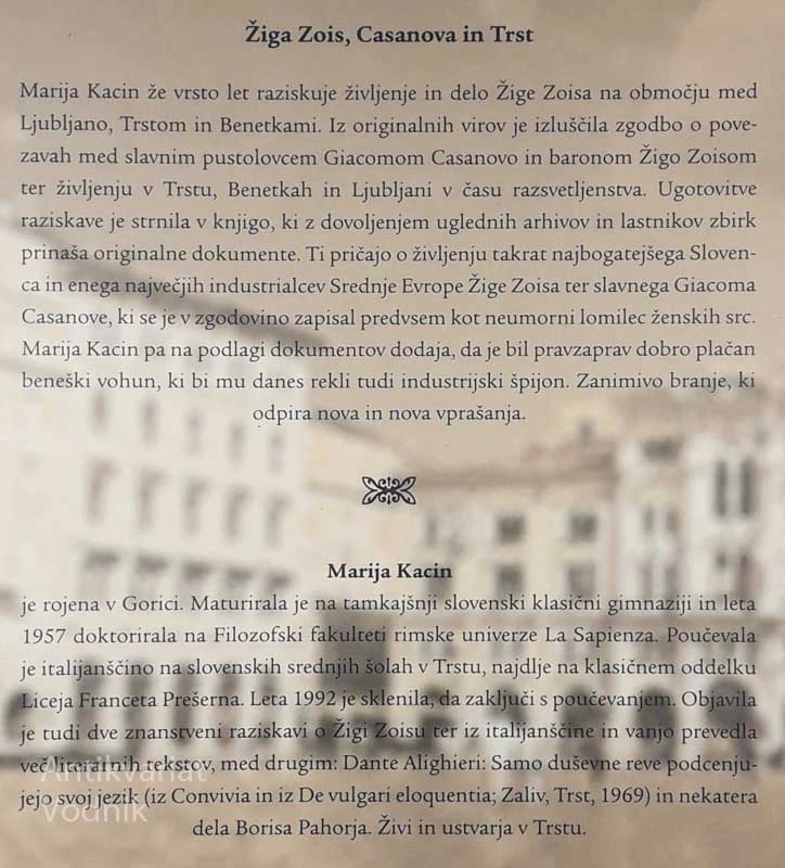 ŽIGA ZOIS, CASANOVA IN TRST, Marija Kacin