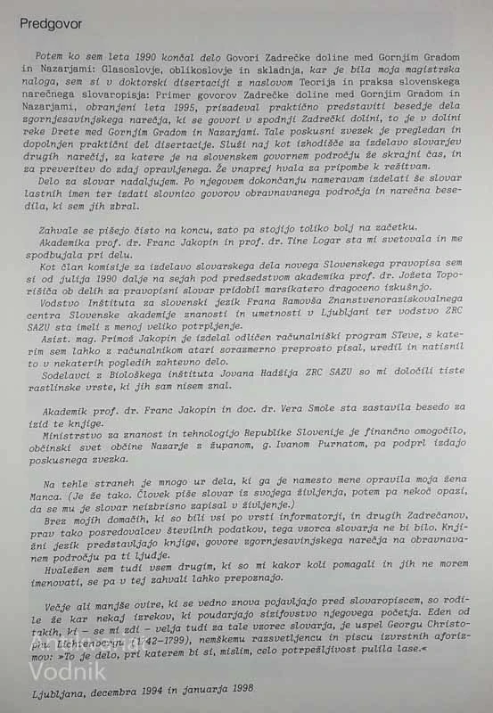 SLOVAR GOVOROV ZADREČKE DOLINE; MED GORNJIM GRADOM IN NAZARJAMI, Peter Weiss