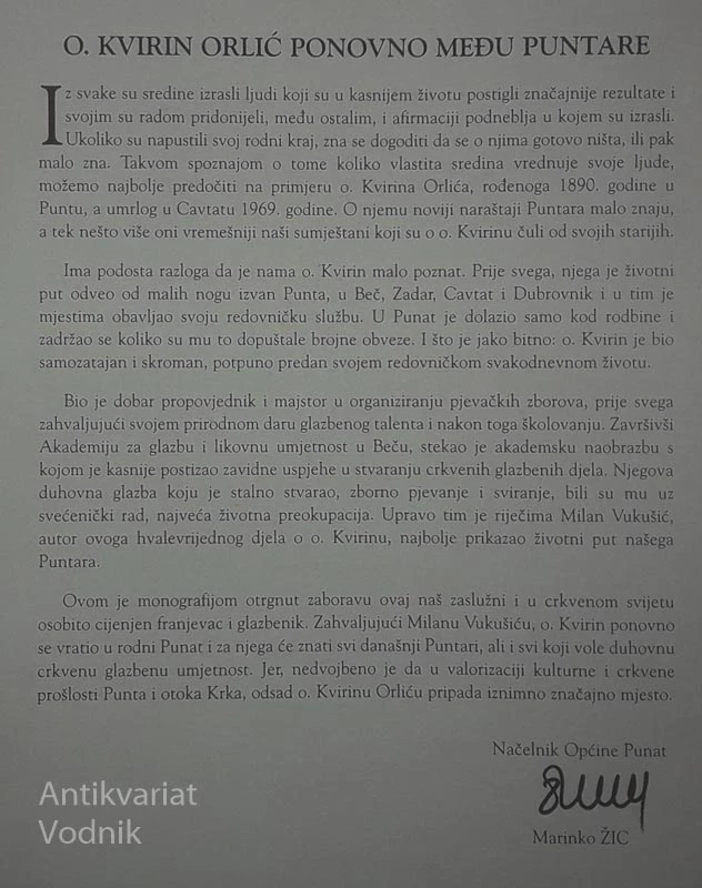 O. KVIRIN ORLIĆ; PUNTAR, FRANJEVAC, SKLADATELJ CRKVENE GLAZBE, PREVODITELJ, DOBROČINITELJ (1890-1969), Milan Vukušić