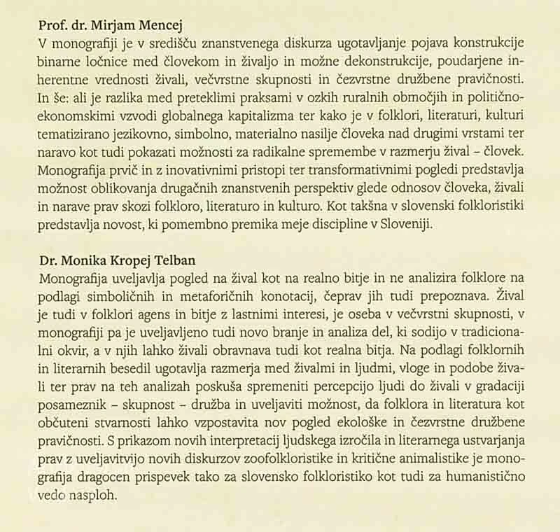 ČLOVEK JE NAJHUJŠA ZVER; ŽIVALI V FOLKLORI, LITERATURI IN KULTURI, Marjetka Golež Kaučič