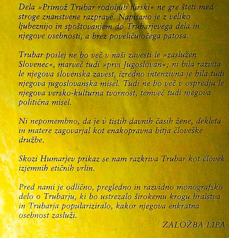 PRIMOŽ TRUBAR RODOLJUB ILIRSKI, Jožko Humar