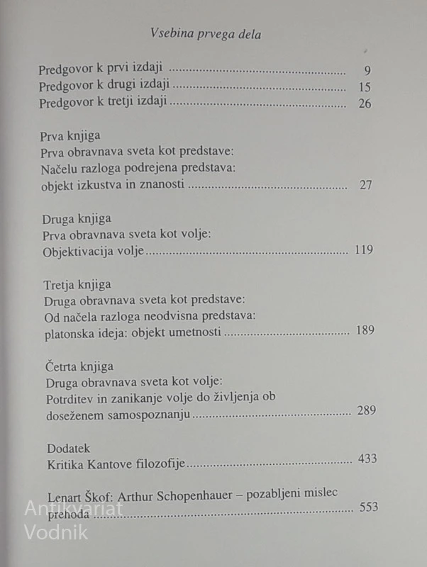 SVET KOT VOLJA IN PREDSTAVA, Arthur Schopenhauer