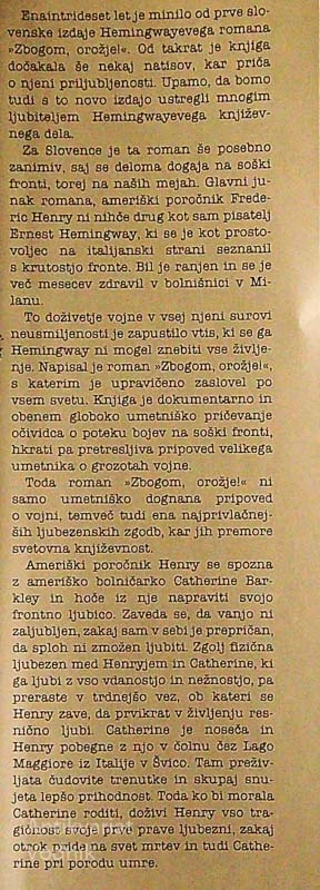 ZBOGOM OROŽJE, Ernest Hemingway