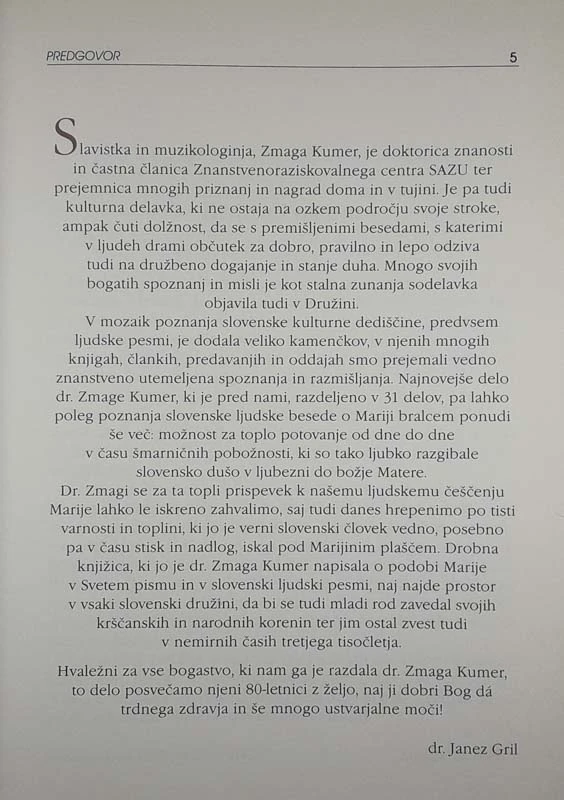 MARIJA V SVETEM PISMU IN SLOVENSKIH LJUDSKIH PESMI, Zmaga Kumer