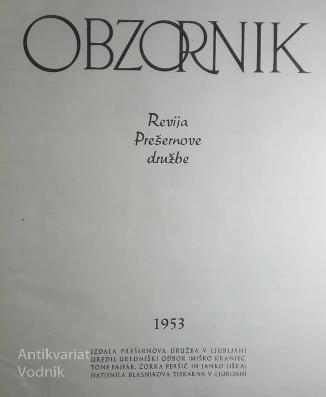 OBZORNIK, REVIJA PREŠERNOVE DRUŽBE 1953