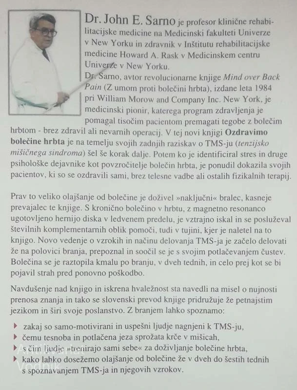 OZDRAVIMO BOLEČINE HRBTA; POVEZANOST UMA IN TELESA, John E. Sarno