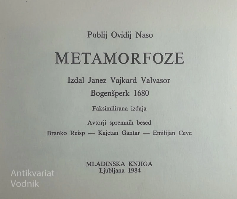 METAMORFOZE, Publij Ovidij Naso (izdal Janez Vajkard Valvasor)