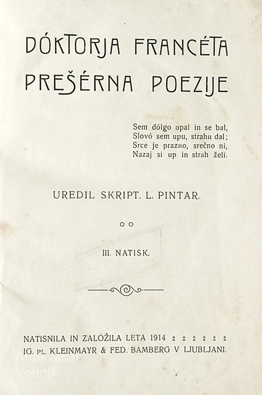 DOKTORJA FRANCETA PREŠERNA POEZIJE, uredil L. Pintar