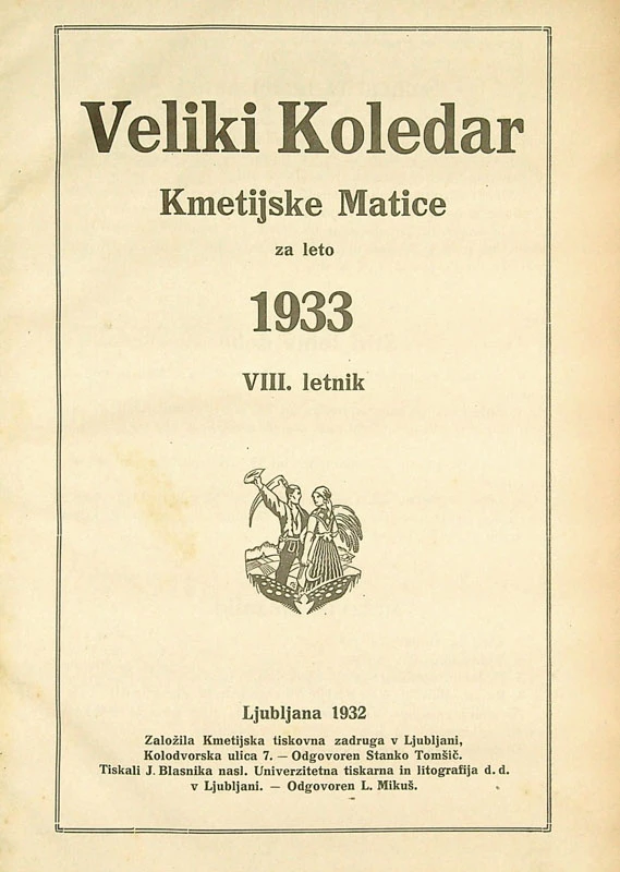 VELIKI KOLEDAR KMETIJSKE MATICE 1933