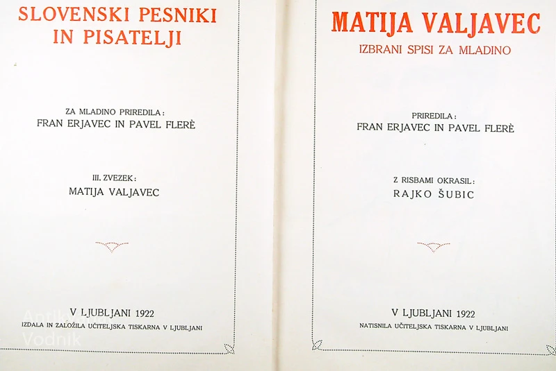 MATIJA VALJAVEC; IZBRANI SPISI ZA MLADINO