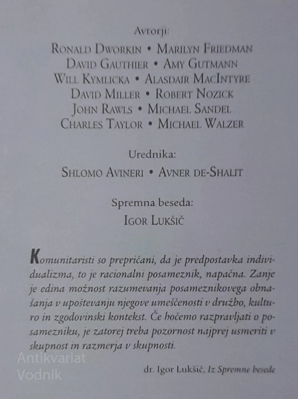 Shlomo Avineri in Avner de Shalit KOMUNITARIZEM IN INDIVIDUALIZEM