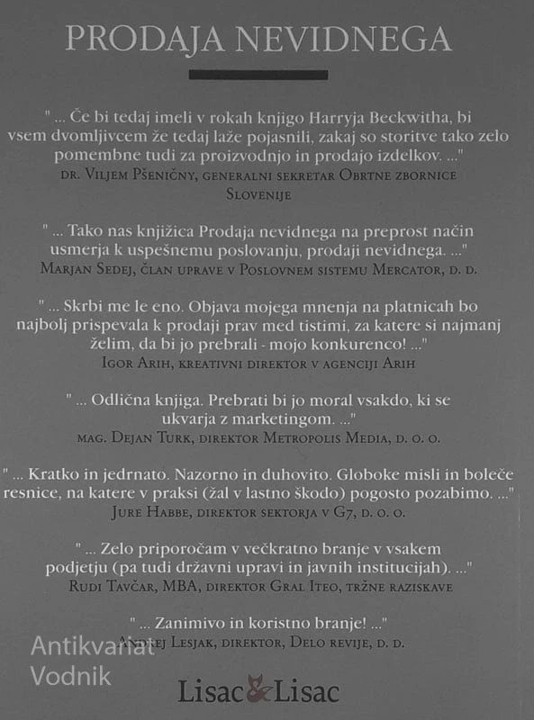 PRODAJA NEVIDNEGA; VODNIK PO SODOBNEM MARKETINGU, Harry Beckwith