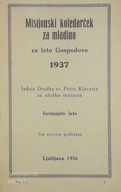 MISIJONSKI KOLEDARČEK ZA MLADINO, leto 1937