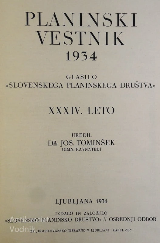 PLANINSKI VESTNIK 1934, uredil: Dr. Jos. Tominšek