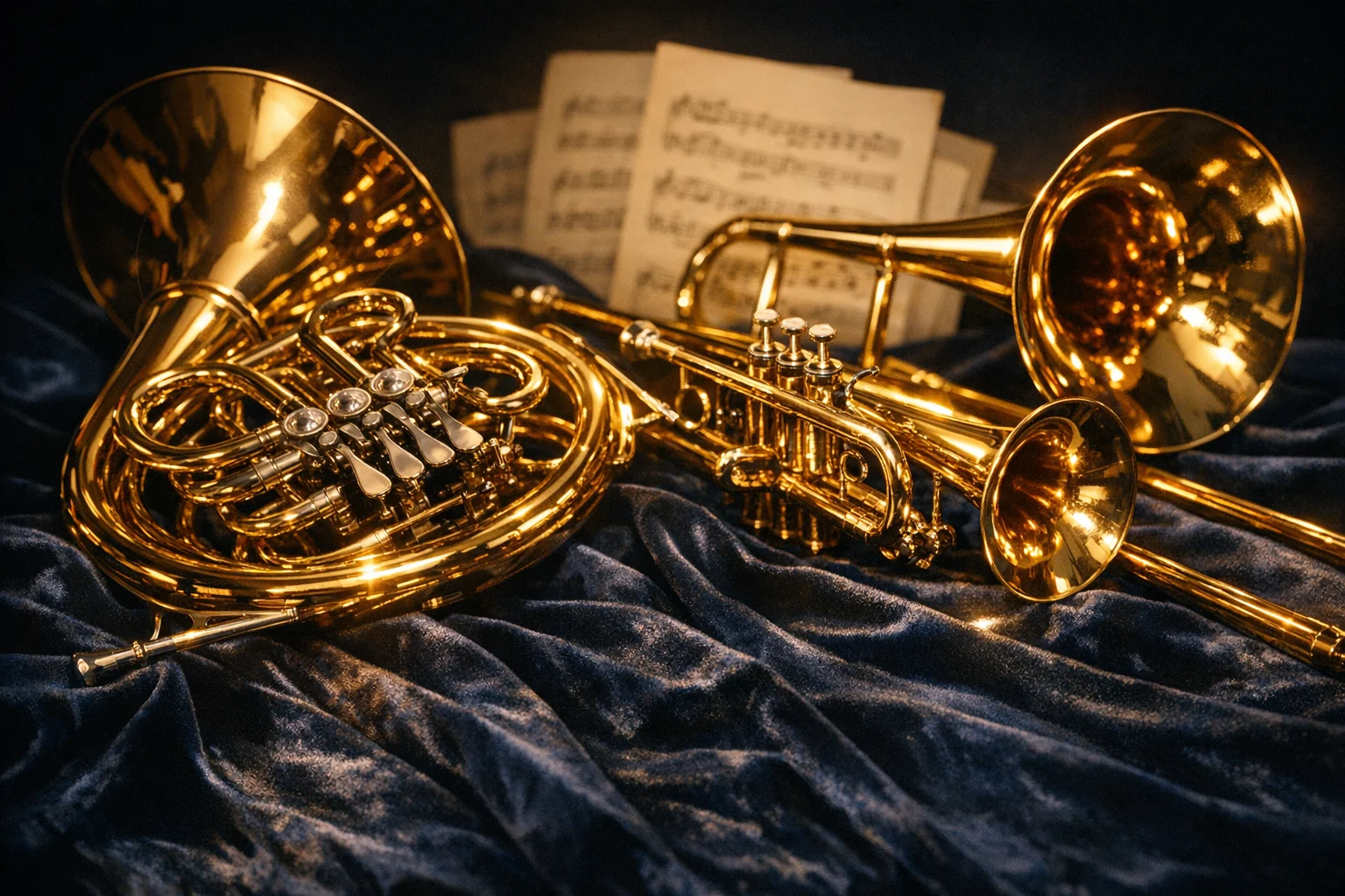 Golden brass instruments on navy velvet