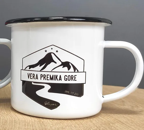 Emajliran lonček - Vera premika gore, črna obroba (Blagor)