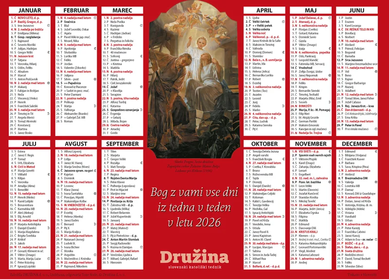 Listni koledar Družina 2026 – stenski koledar