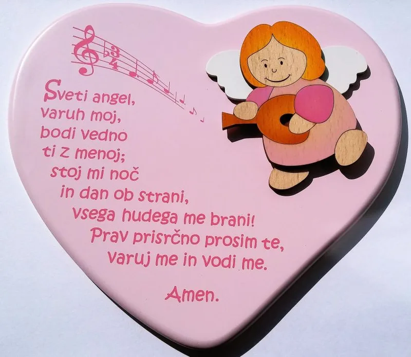 Slika lesena z molitvijo "Angel varuh" - srce, roza