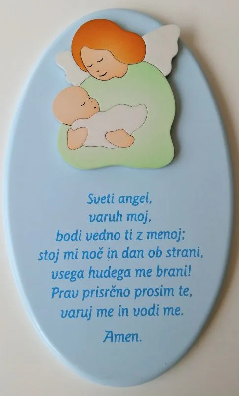 Slika lesena z molitvijo "Angel varuh" - svetlo modra